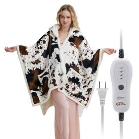 Sw-p0113b-08 Hestia Heated Electric Blanket Shawl Cow Print Wearable With Hood And P