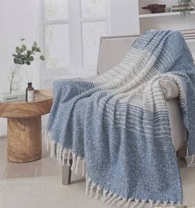 Highline Bedding 651896691584 Knit Warm Throw Blanket Boucle Yarn Blue White Stripe 50 Inch X60