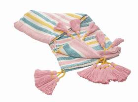 516622 Homeroots.co 60 Inch X 50 Blue And Pink Woven Cotton Striped Throw Blanket With Tassels