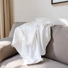 Homeroots.co 608219316341 47 Inch X 60 White Cotton Woven Turkish Towel Throw Blanket With Fringe