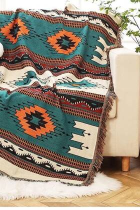 Hm-51x63-kelin Homesy Boho Throw Blankets Southwestern Bed Throws Cover Reversible Green Aztec Sout
