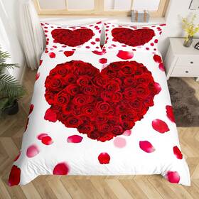 Wws9092gyy-tj Homewish Usq Red Heart Duvet Cover Set Queen Size Rose Floral 90 Inch X90 Wws9092