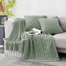 Bls20221130-107 Homiest Cable Knit Throw Blanket And Pillow Set Sage Green Of 3 Knitted