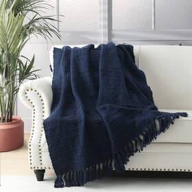 Horimote Home 759356361616 Chunky Knit Throw Blanket Navy Blue Soft Warm Cozy Bed With Tassels