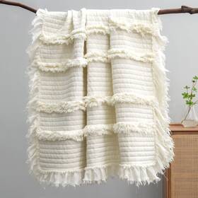 Horimote Home 759973581961 Soft Prewashed Quilted Throw Blanket Ruffle Fringed Cream Boho Decorative