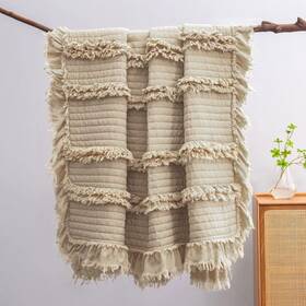 Horimote Home 759973582548 Ultra Soft Pre-washed Quilted Boho Throw Blanket Ruffle Fringed Beige Decora