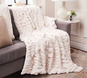 H232682 Hotel Du Cobb Oversized Luxury Ruched Faux Fur Throw By Dennis Basso In Ivory