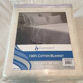 109808 Impressions 100% Cotton Woven Blanket Full/queen 88x90 White Machine Washable