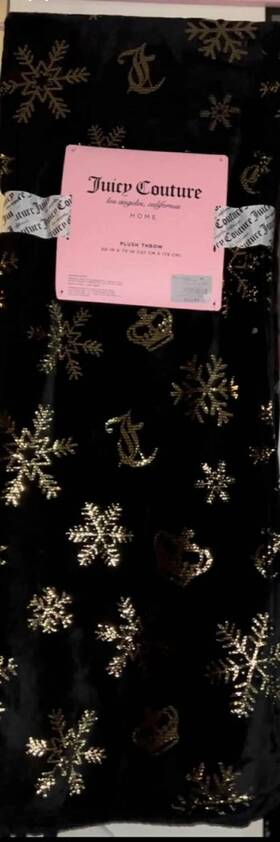 Juicy Couture 492622824179 Plush Throw Blanket Black Gold Snowflakes 50x70in New W Tags