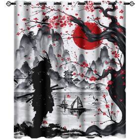 Kazynee 787007997842 Retro Japanese Blackout Curtains For Bedroom Watercolor Ink Samurai Red Sun M