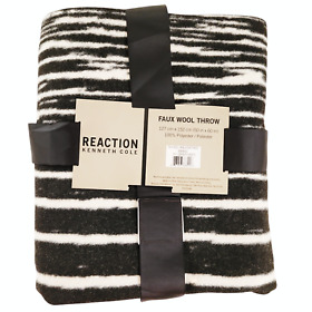 Kenneth Cole Reaction Faux Wool Throw Blanket 50inch X 60inch Striped Black And White