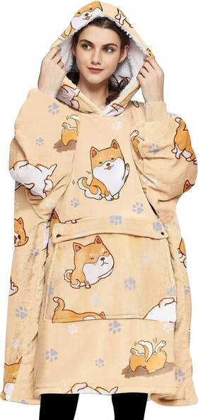 Kbltcr22710-yedog Kfubuo Wearable Sherpa Blanket Hoodie For Adults With Pockets - Dog Patterns