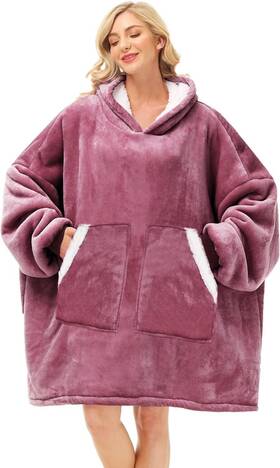 Kipswiza 771077938199 Oversized Wearable Blanket Sherpa Fleece Thick Warm Hoodie Big-pink