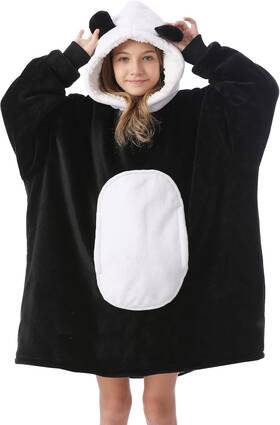 Kids-yutr008 Kipswiza Panda Blanket Hoodie For Kids 6-13 D Black Panda/kids Sherpa