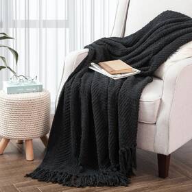 W005270636 Knitted Throw Black Blanket Tweed Soft Decorative Living Room Sofa Chair Cover
