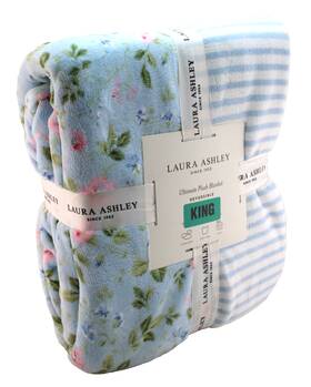 Laura Ashley 008889357628 King Size 110 Inch X 90 Floral / Blue Striped Reversible Plush Blanket