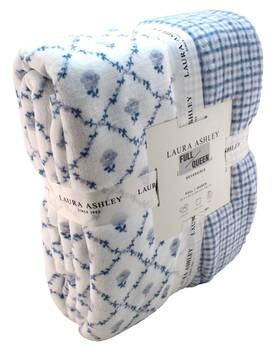 Laura Ashley 008889363766 Queen Size 90 Inch X Blue Floral / Gingham Reversible Plush Blanket