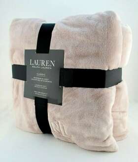 Lauren Ralph 025695989706 New Micromink Dusty Pink Rose Embroidered Logo Queen Size Blanket