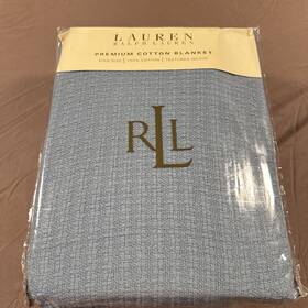 Lauren Ralph 026705443676 Estate Premium 100% Cotton Blanket White Blue King Size New