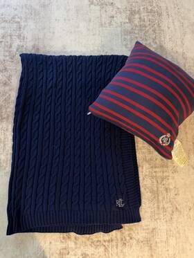 P-8816 Lauren Ralph Navy Blue Cotton Cable Knit Throw Blanket 18x18 In