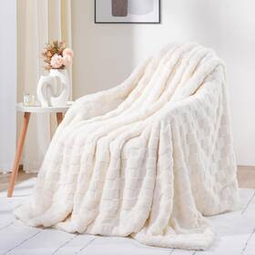 Lessymo 081806717019 Sherpa All Season Lightweight Fleece Checkered Throw Blanket 50 Inch X60 Cream White