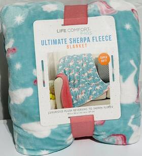 1630393 Life Comfort Kids Ultimate Sherpa Fleece Reversible Blanket Unicorn 40x50 Pink