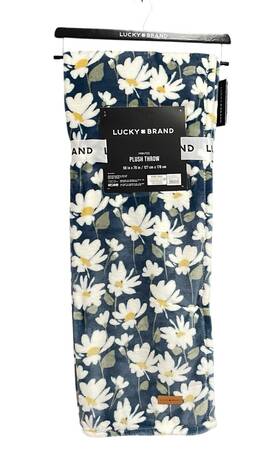 Lbw030288 Lucky Brand 50x70 Plush Throw Soft Warm Blanket Navy Blue Floral Daisy New