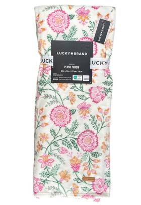 Lbw033027 Lucky Brand 50x70 Plush Throw Soft Warm Blanket White Multicolor Floral New