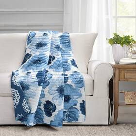 16t005470 Lush Decor Leah 50x60 Inch Navy And White Reversible Quilted Floral Throw Blanket For Bed/couch