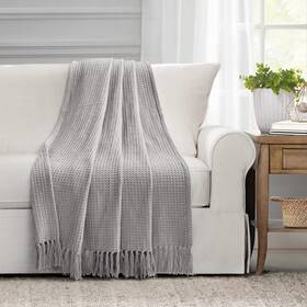 Lush Decor 194938007771 Waffle Cotton Knit Throw Blanket 60 Inch X 50 Light Gray