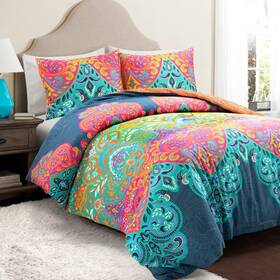 21t011734 Lush Decor Boho Chic Reversible Cotton Duvet Full/queen Turquoise And Navy