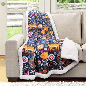 Lush Decor 848742050019 Pixie Fox Reversible Sherpa Throw Blanket 50 Inch W X 60 L Navy And Orange- Quilt