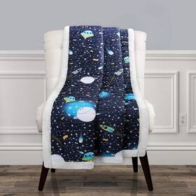 Lush Decor 848742074237 Navy Universe Sherpa Throw-outer Space Stars Galaxy Planet Rocket Pattern R