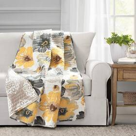 Lush Decor 848742092415 Leah Reversible Throw Blanket 50 Inch W X 60 L Yellow And Gray - Large Blooming