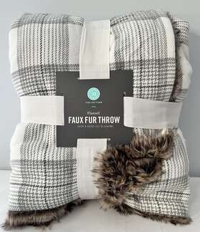 100126682 Martha Stewart Collection Plaid Flannel Reverse To Faux Fur Throw 50 X 60 Gray