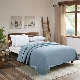 511001 Melange Home Blue Luxury 100% Merino Wool Blanket Satin Trim Soft Warm Full Queen Bed Cozy