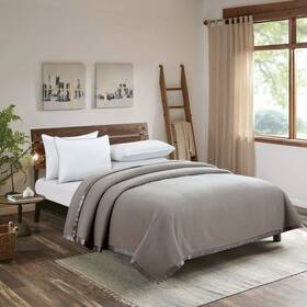 857277 Melange Home Grey Premium Merino Wool Blanket Elegant Satin Edge Soft Warm Queen Size Bedding