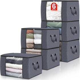 Nobrand 664740260348 Foldable Thick Fabric Blanket Storage Bags 6 Pack Organize Closet Grey