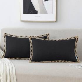 Ot220 Nordeco Home Set Of 2 Farmhouse Throw Pillow Covers - Burlap Linen Trimmed Tailored Edges