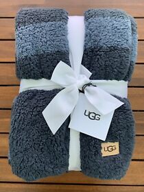 Nwt 88 Ugg Cora Throw Blanket Plush Sherpa Striped Gray Navy Blue Warm And Cozy