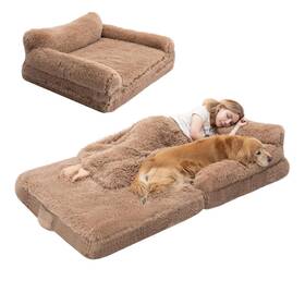 Hdb1-m-br Otteroasis 72 Inch Foldable Human Dog Bed For Adults Fluffy Faux Fur With Blanket Orthoped