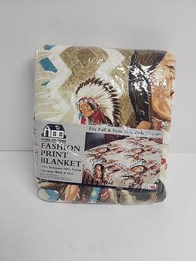Owen 025853040553 Nos Vintage Fashion Print Blanket Full/twin Indian Head 72x90 In Owen 025853040553 Nos Vintage Fashion Print Blanket Full/twin Indian Head 72x90 In