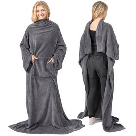 Pavilia 819594022073 Grey Fleece Wearable Blanket With Sleeves For Adults Women Men Soft