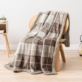 Pavilia 819594022462 Taupe Plaid Sherpa Throw Blanket For Couch Plush Flannel Fleece And