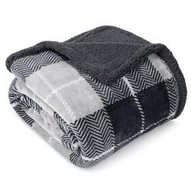 Pavilia 819594022738 Dark Grey Plaid Sherpa Throw Blanket For Couch Twin Plush Flannel Fleece Bla