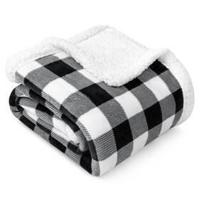 Pavilia 819594028129 Black And White Buffalo Plaid Sherpa Throw Blanket For Couch Plush Checkered