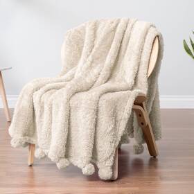 Pavilia 840168300433 Cream Sherpa Throw Blanket For Couch Warm Plush Pom Thro