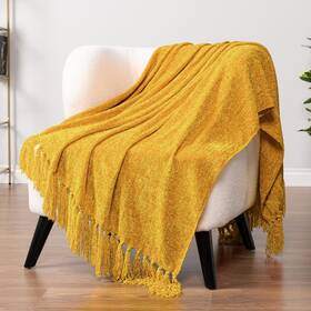 Pavilia 840168301690 Mustard Yellow Throw Blanket For Couch Chenille Sofa Bed Soft Kni