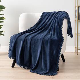 Pavilia 840168307425 Fleece Throw Blanket For Couch With Pom Fringe Navy Blue Soft Cozy Fuzz