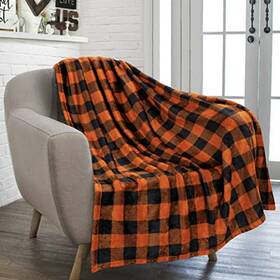 Pavilia 840168316144 Black And Orange Buffalo Plaid Fleece Throw Blanket For Couch Soft Halloween